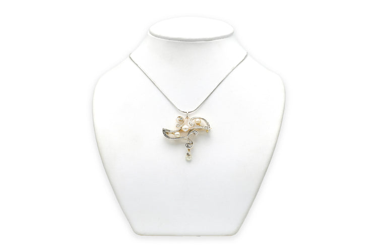 Collier Collier Art Nouveau en or jaune 18 carats et argent 925, perles et diamants taille rose 58 Facettes B778