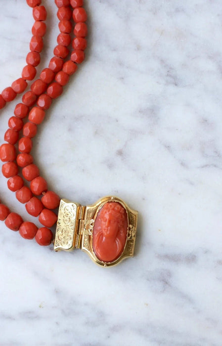 Antique yellow gold and coral bracelet, cameo