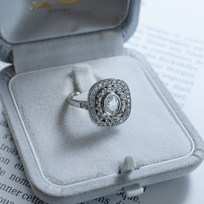 Doppelter Halo-Verlobungsring aus Platin und Diamant