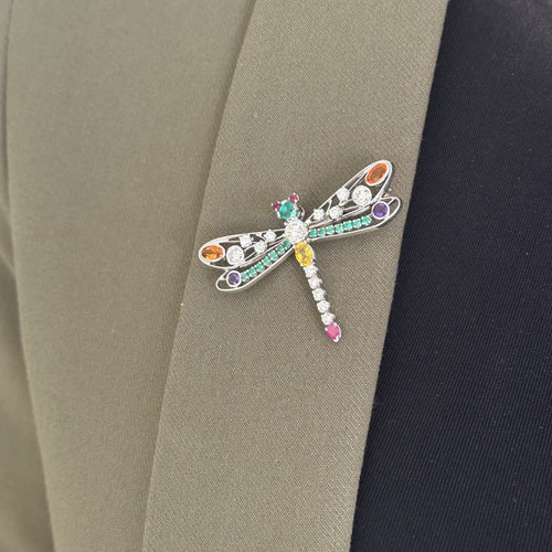 Libellen-Brosche aus Weißgold, Edelsteine und Diamanten 