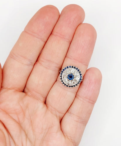 Ring 51 Zielring Art Deco in Platin, Saphir und Diamanten im Altschliff 58 Facettes A06489