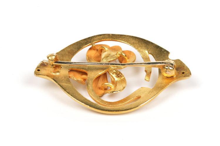 Комплект брошка от 18-каратово жълто злато в стил Ар Нуво с перла