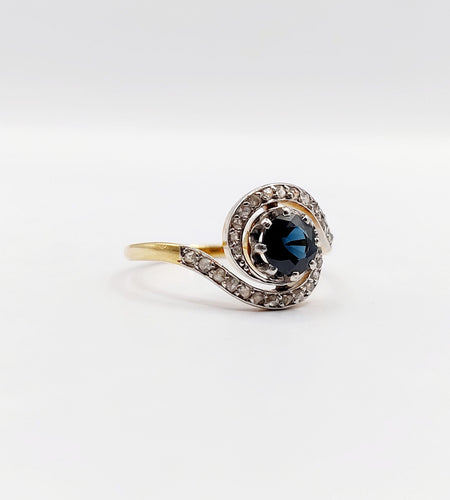 Bague 59 Bague tourbillon or jaune, saphir et diamants taille rose (circa 1900) 58 Facettes A05937