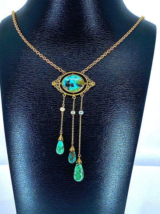 Collier Collier or jaune turquoises et perles fines, époque 1900 58 Facettes AB368