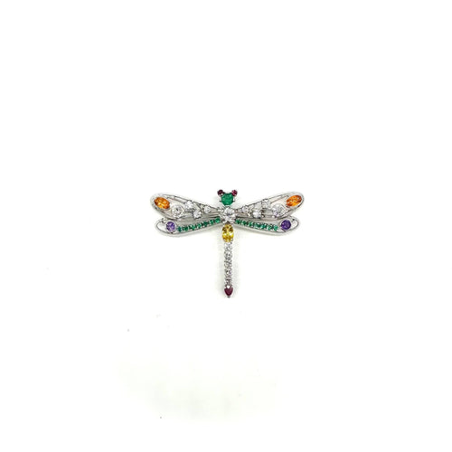 Libellen-Brosche aus Weißgold, Edelsteine und Diamanten 