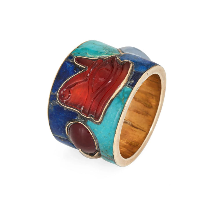 Bague 57 Bague Oeil d'Horus bande or jaune Lapis Turquoise 58 Facettes G13619