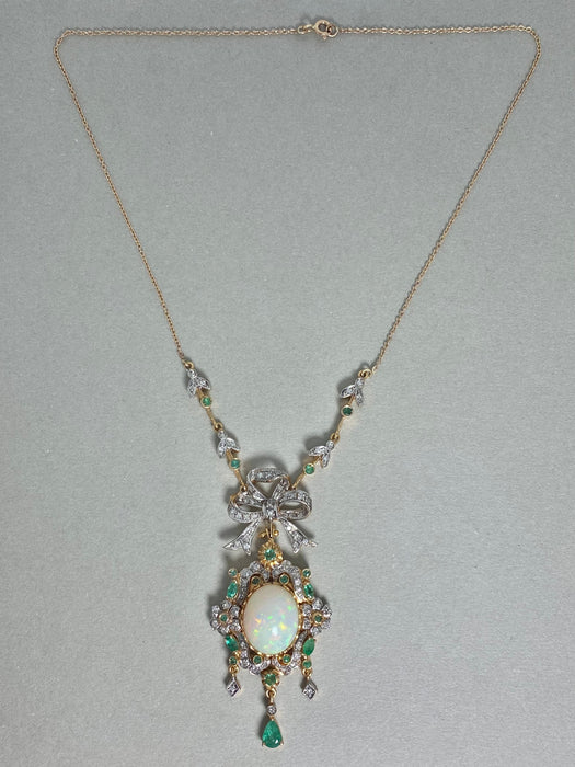 Yellow gold, silver, diamond, emerald and opal necklace