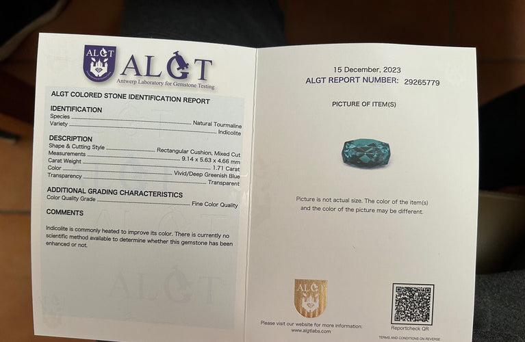 Gemstone Tourmaline bleue 1.71cts certificat ALGT 58 Facettes 425