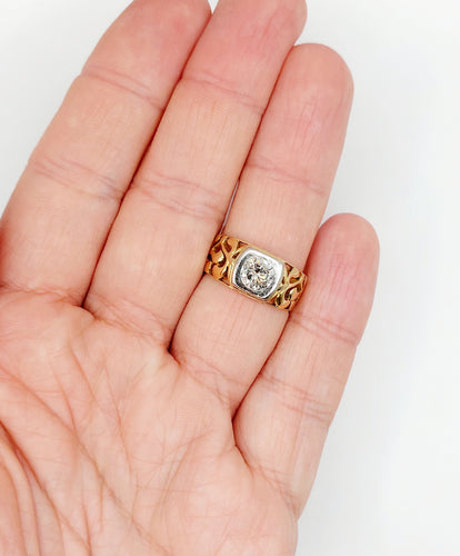 Bague 57 Bague chevalière art nouveau diamant 0,90 ct en or 18k et platine 58 Facettes A06449