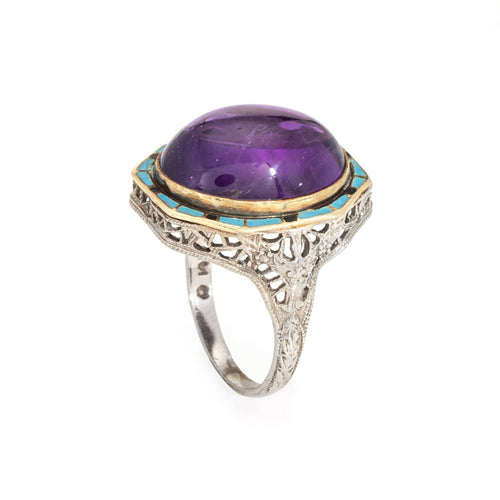 Bague 51 Bague Art Déco vintage en or blanc, améthyste, turquoise et émail 58 Facettes G14148