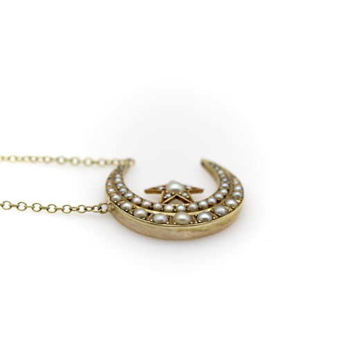 Collier Pendentif victorien en or 14 carats avec croissant de lune et étoile et chaîne en or 9 carats 58 Facettes A2004I