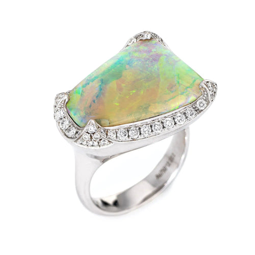 Bague 10.64ct Natural Opal Diamond Ring Estate 18k White Gold Sz 7 Fine Jewelry 58 Facettes G11987