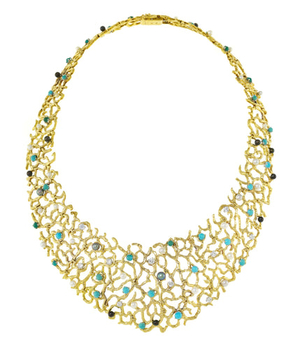 Collier Gilbert Albert - Collier Turquoises Diamants Perles Or jaune 58 Facettes BS153 Bis
