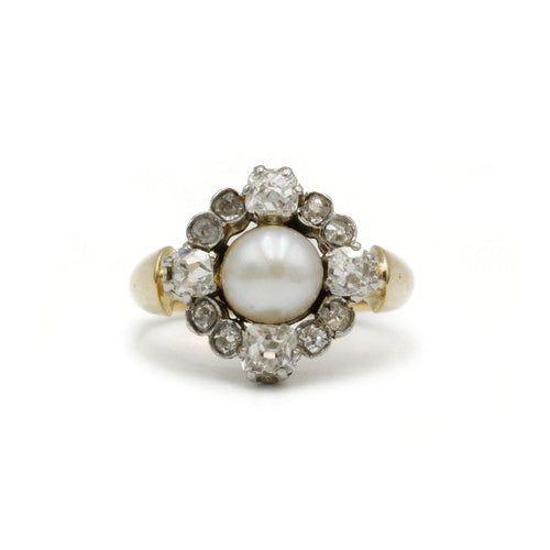 Bague 46.5 Bague - Or jaune, diamants et perle 58 Facettes 1196