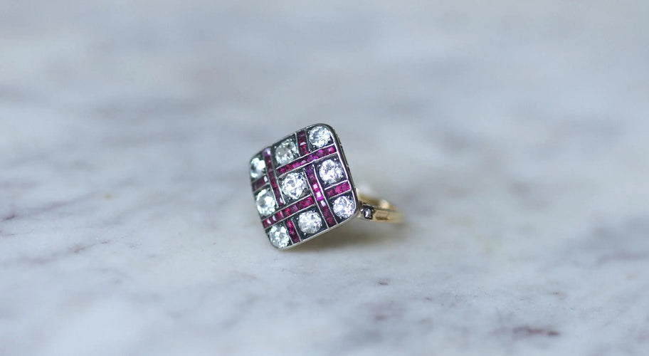Antique Damier Ring with Calibrated Diamonds and Rubies