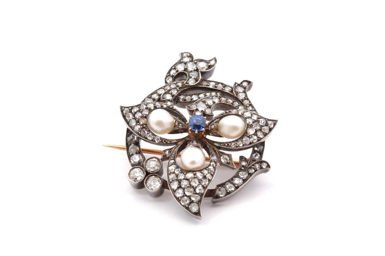Broche Broche 1900 or jaune et blanc perles fines, saphir et diamants 58 Facettes 26249