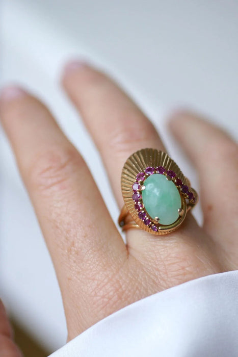 Yellow gold jade ruby cocktail ring