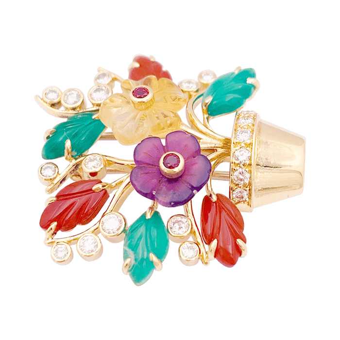 Broche Clip "Fleurs" or jaune, diamants, rubis, pierres de couleur. 58 Facettes 34133