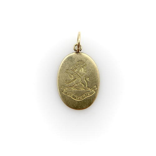 Victorian gold lion charm pendant hand-engraved with Ave Maria 