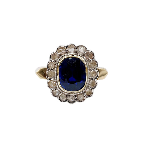 Bague 60 Bague pompadour Art Déco or et platine, saphir synthétique de 3,00 carats, diamants taille rose (circa 1920) 58 Facettes A04827