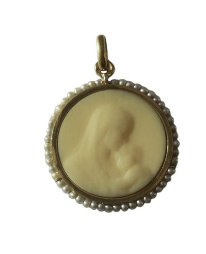 Pendentif Médaille pendentif Art Nouveau Vierge à l’enfant os perles fines 58 Facettes