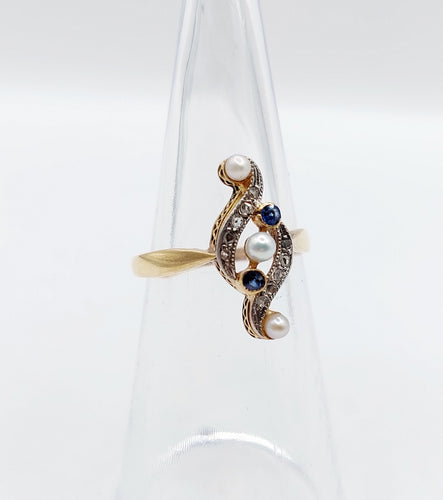 Bague 50 Bague marquise antique or et platine perles, diamants et saphirs 58 Facettes A04421