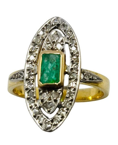 Bague 58 Bague Art Déco en or avec accents de platine, sertie d'une émeraude naturelle et de 28 diamants. 58 Facettes E14