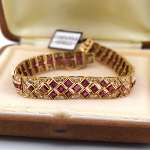 Vintage armbånd i 18 kt gult gull med rubiner og diamanter 58 Facettes BR99