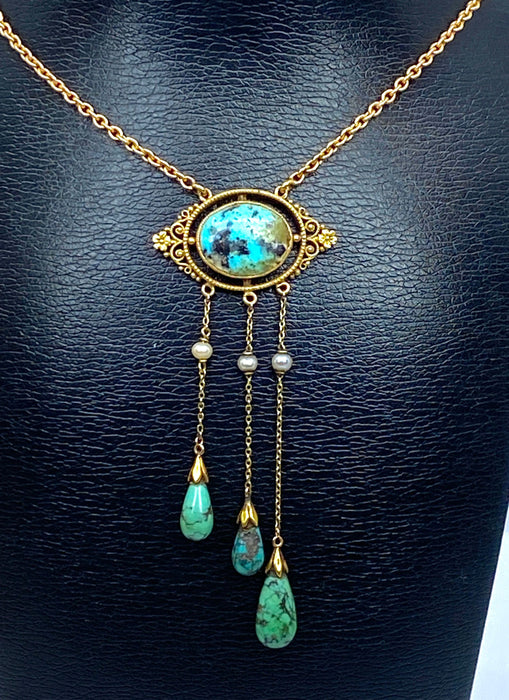 Collier Collier or jaune turquoises et perles fines, époque 1900 58 Facettes AB368