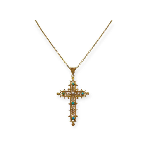 Pendentif Pendentif croix en or jaune 750 et perle de culture, turquoise 58 Facettes 330089070