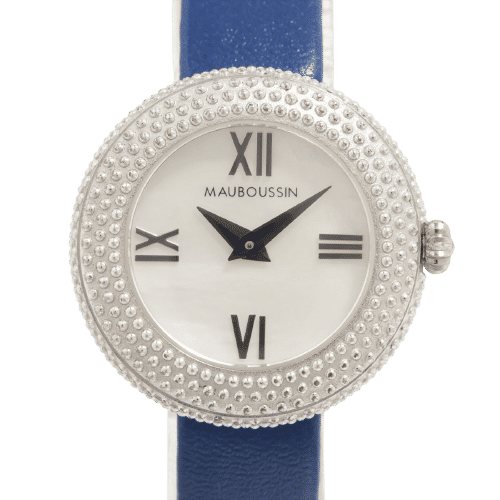 Montre Mauboussin - Montre L'heure du premier jour enfin cadran nacre bracelet cuir bleu 58 Facettes