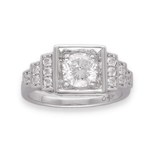 Bague 52 Solitaire style Art Deco en or gris 18K avec diamant 1,00 ct H-IF HRD et pavage - Taille 52 58 Facettes FB09264-FB09217