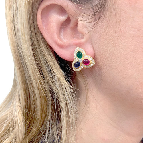 Boucles d'oreilles Boucles d'oreille "Tutti Frutti" or jaune, diamants, pierres de couleurs. 58 Facettes 34075