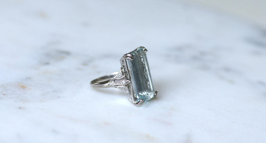 Bague 53 Bague Cocktail Art Déco platine, aigue-marine & diamants 58 Facettes