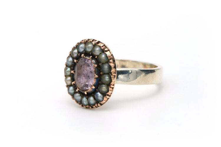 Bague 50 Bague Napoléon III en or jaune et argent sertie d'une tourmaline et de perles 58 Facettes B562