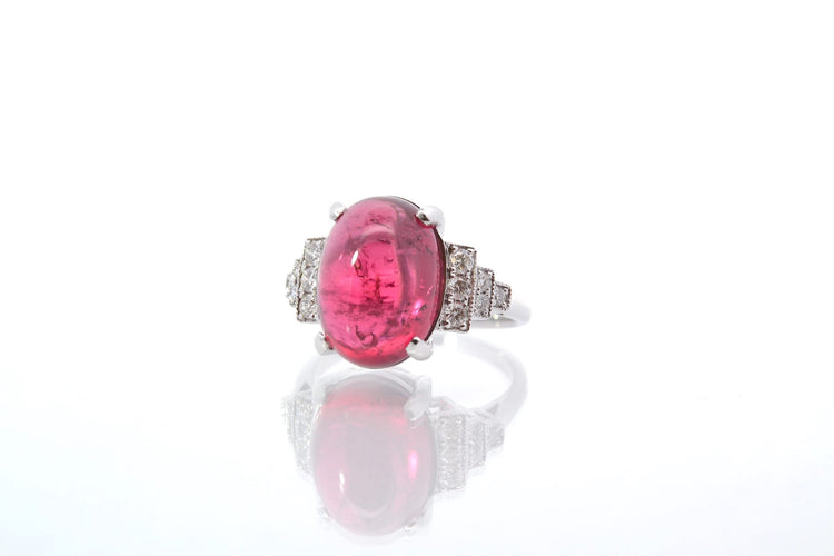 Bague 53 Bague Or blanc Tourmaline cabochon Diamants 58 Facettes 25428 25449