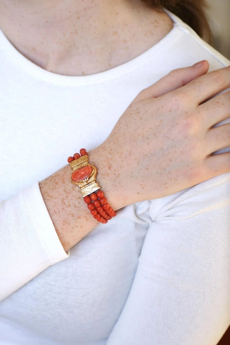 Antique yellow gold and coral bracelet, cameo