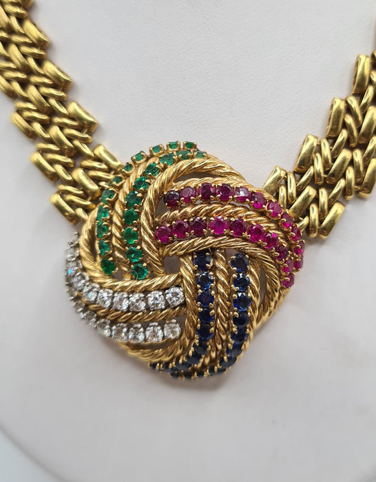 BOUCHERON - Collier or jaune sertie de diamants, saphirs, émeraudes et rubis 58 Facettes