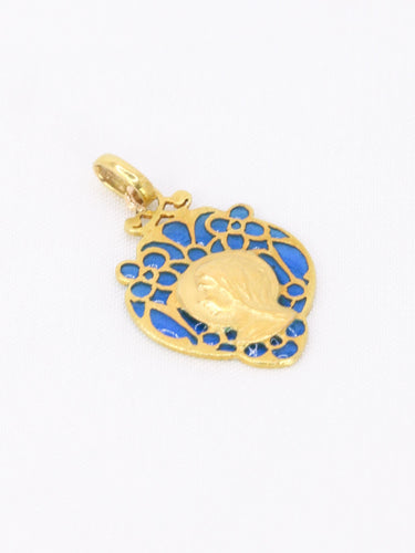 Pendentif Médaille religieuse Art nouveau émail plique à jour bleu 58 Facettes 1153.12