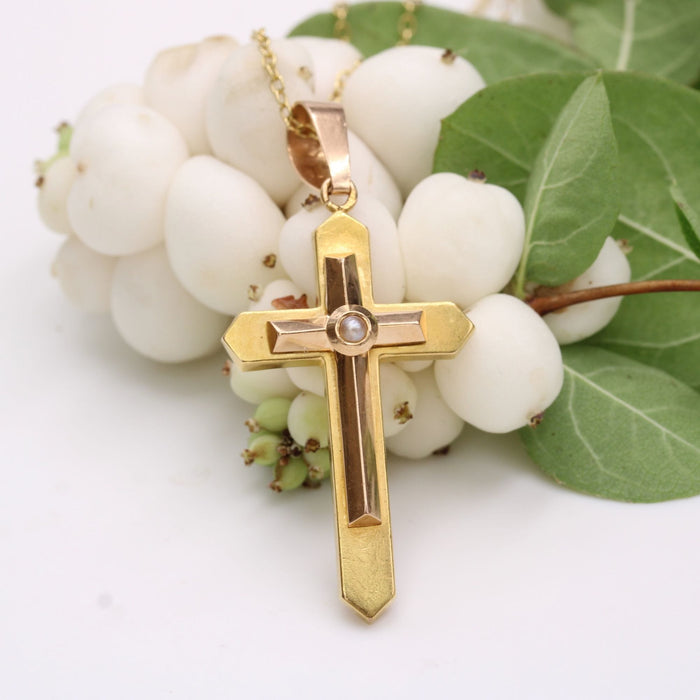 Pendentif Croix ancienne 2 ors perle 58 Facettes 24-249