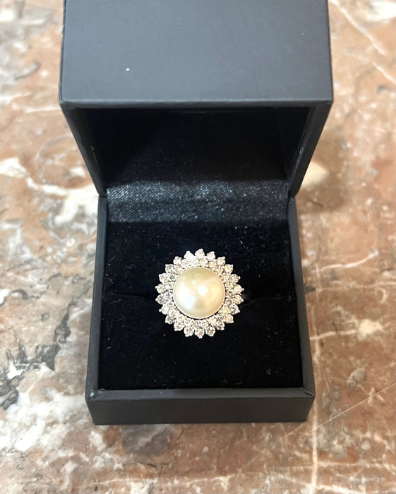 Ring Daisy white gold, 10mm pearl, diamonds