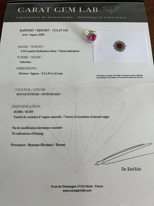 Onverwarmde Birmese Ruby Ring Platina Diamanten Geel Goud