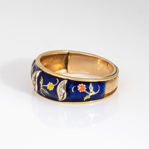 Bague Bague vintage en or jaune 18 carats avec fleur en émail, taille 6,25, bande de diamants, bijoux fins 58 Facettes G13900
