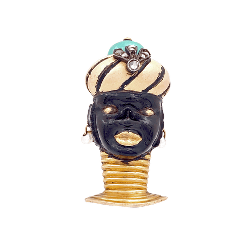 Broche Broche ancienne Cartier, "Tête de Maure", or jaune, argent, émail, diamants, turquoise. 58 Facettes 34520