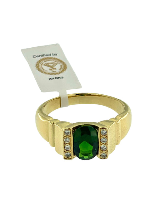Geelgouden ring met diamanten en groene diopsiet