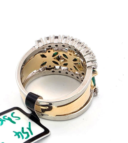 Anello fascia anni 70' oro giallo con smeraldi e diamanti 58 Facettes