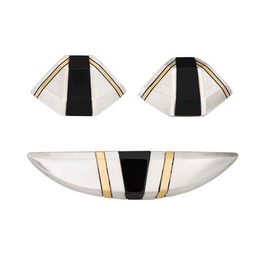 CARTIER - Schmuckset Vintage-Ohrringe Brosche 70er Jahre aus Gelbgold, silber und Onyx 