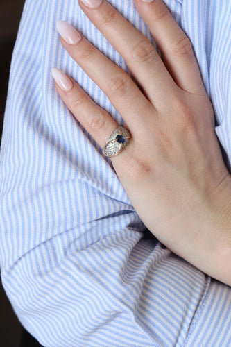 Prsten z žlutého zlata, bílého zlata, safír, diamant 