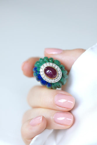 Bague 53 David Webb - Bague Boule Azurmalachite, Rubis, et Diamants en Or Jaune 58 Facettes