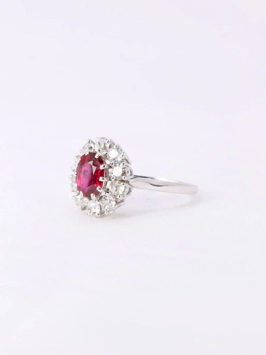 Bague 55 Bague marguerite or blanc rubis ovale diamants 58 Facettes 1023.1